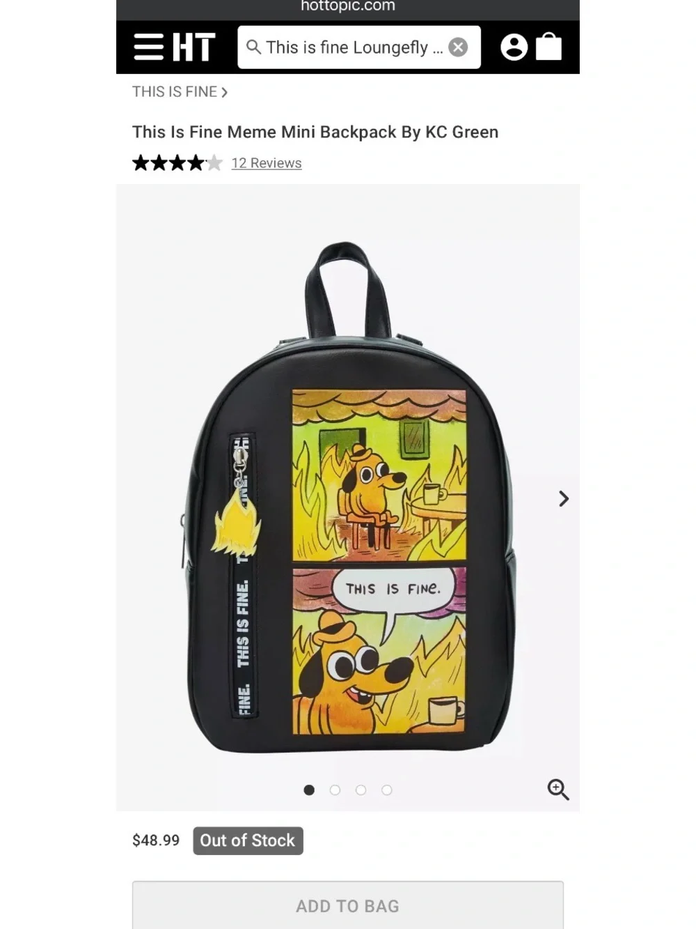Hot Topic This Is Fine Dog Meme Mini Backpack KC GREEN Black Zip Strap New w/Tag